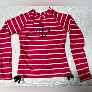 Girls, size 8, Nautica, long sleeve rash guard. Pink w/white stripes. blue trim